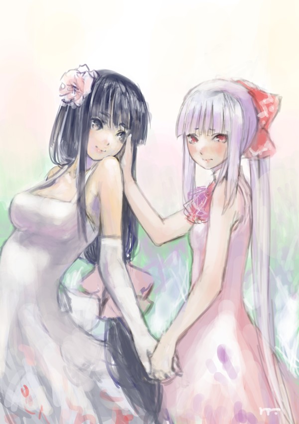 2girls, alternate_costume, alternate_hairstyle, ascot, bad_id, bad_pixiv_id, bare_shoulders, black_eyes