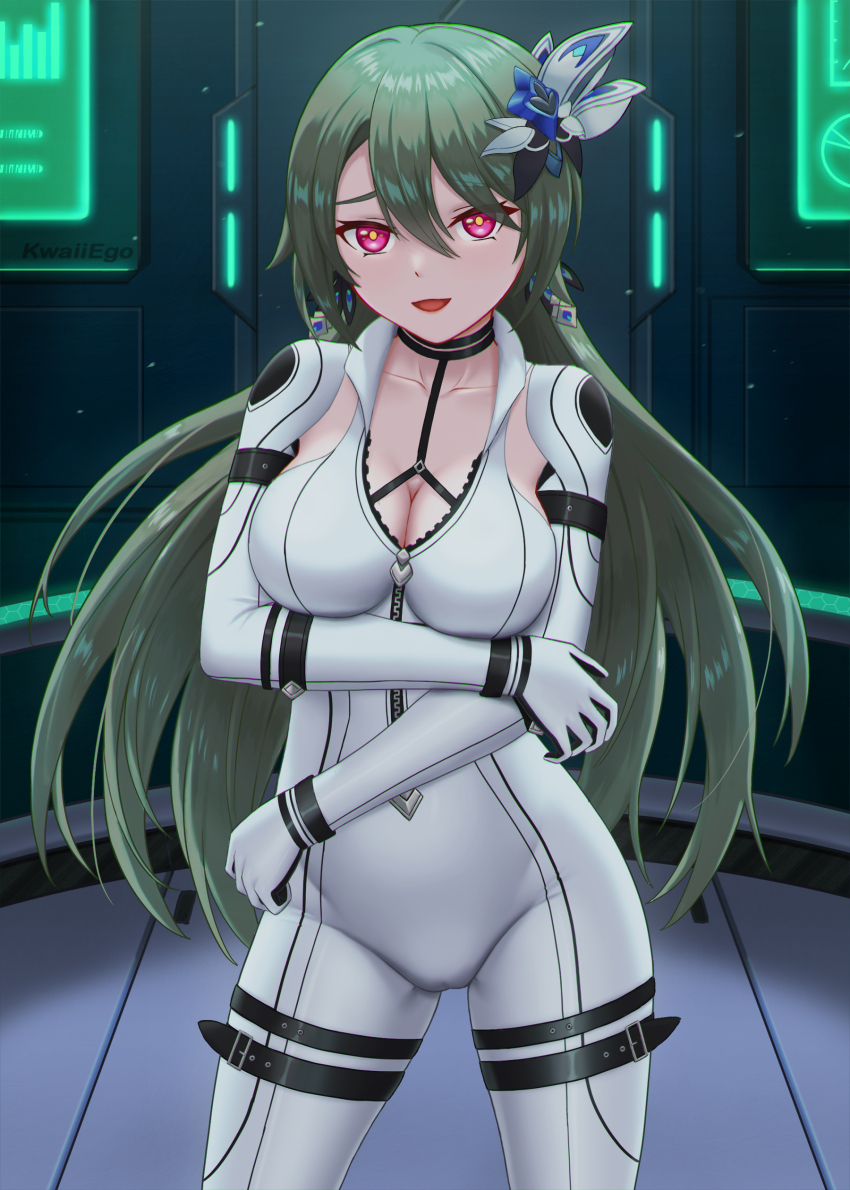 1girl, absurdres, bodysuit, breasts, cleavage, commentary, earrings, english_commentary