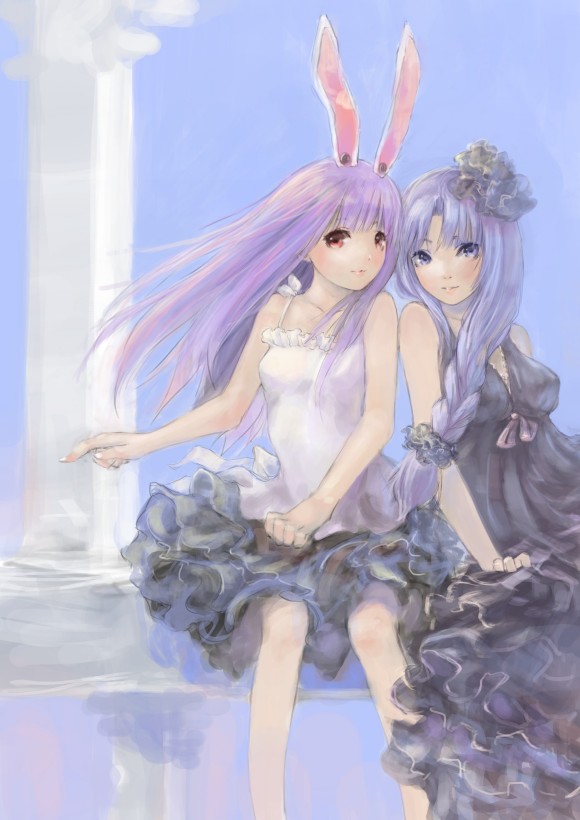 2girls, alternate_costume, animal_ears, bad_anatomy, bad_hands, bare_shoulders, black_dress, blue_eyes
