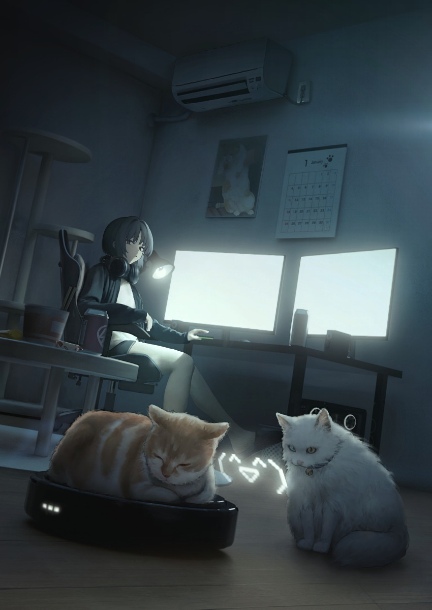 1girl, :o, ^v^, absurdres, air_conditioner, animal_ear_fluff, animal_ears, at_computer