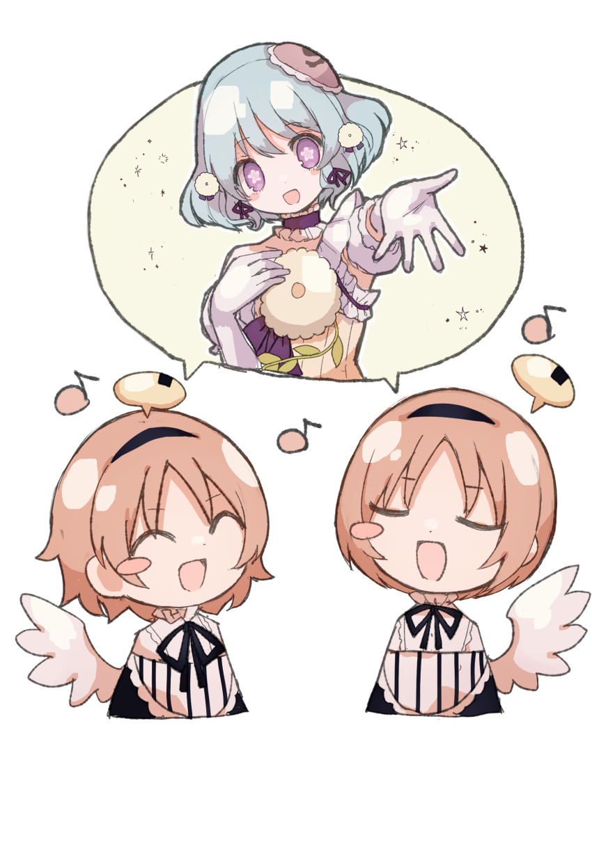 3girls, aqua_hair, butter_run, closed_eyes, flower_in_eye, gloves, highres, magical_daisy