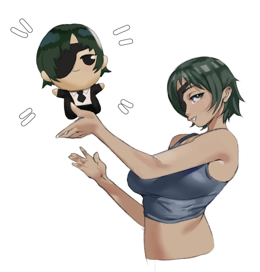 1girl, 6_latecalls, breasts, chainsaw_man, character_doll, chibi, doll, eyepatch, green_eyes, green_hair, highres, himeno_(chainsaw_man), holding, holding_stuffed_toy, large_breasts, looking_at_viewer, navel, short_hair, stuffed_animal, stuffed_toy, tagme, tank_top