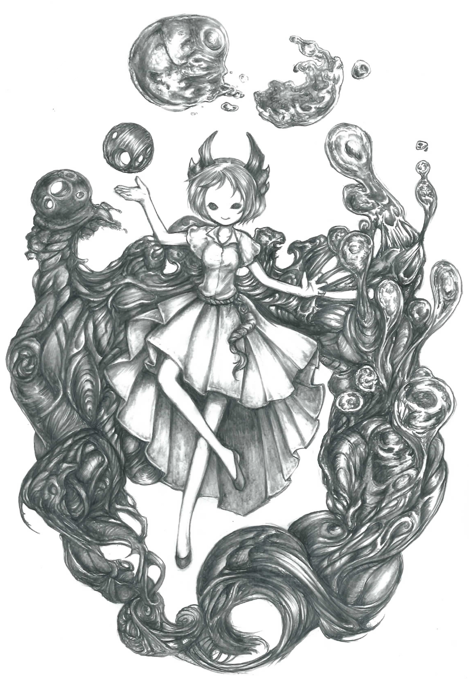 1girl, breasts, closed_mouth, collared_dress, commentary_request, crossed_legs, dress, eldritch_abomination