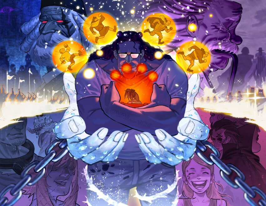 3girls, 6+boys, bartholomew_kuma, beard, black_hair, chain, child, clapp_(one_piece)