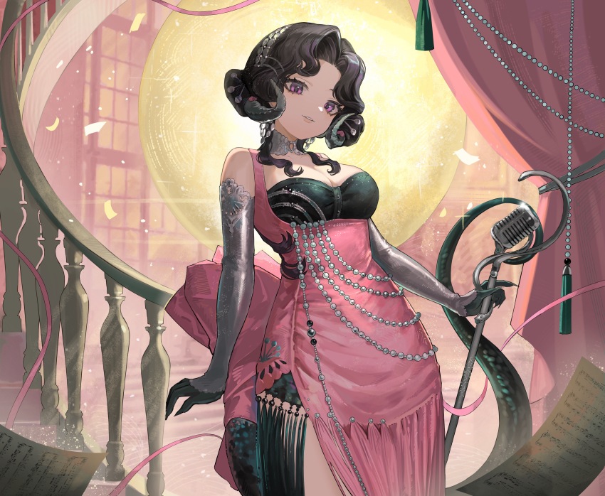 1girl, absurdres, anjo_nala, bare_shoulders, black_hair, breasts, choker, cleavage