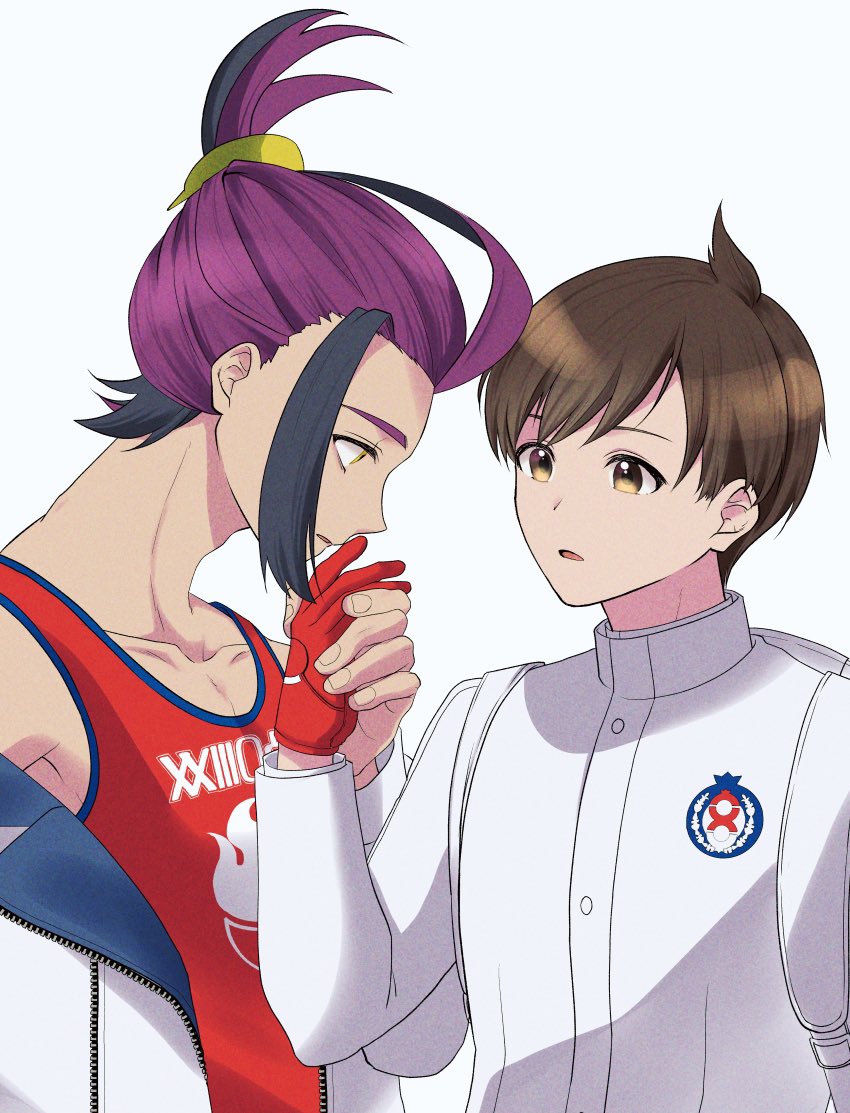 2boys, backpack, bag, black_hair, brown_eyes, brown_hair, commentary_request, florian_(pokemon)