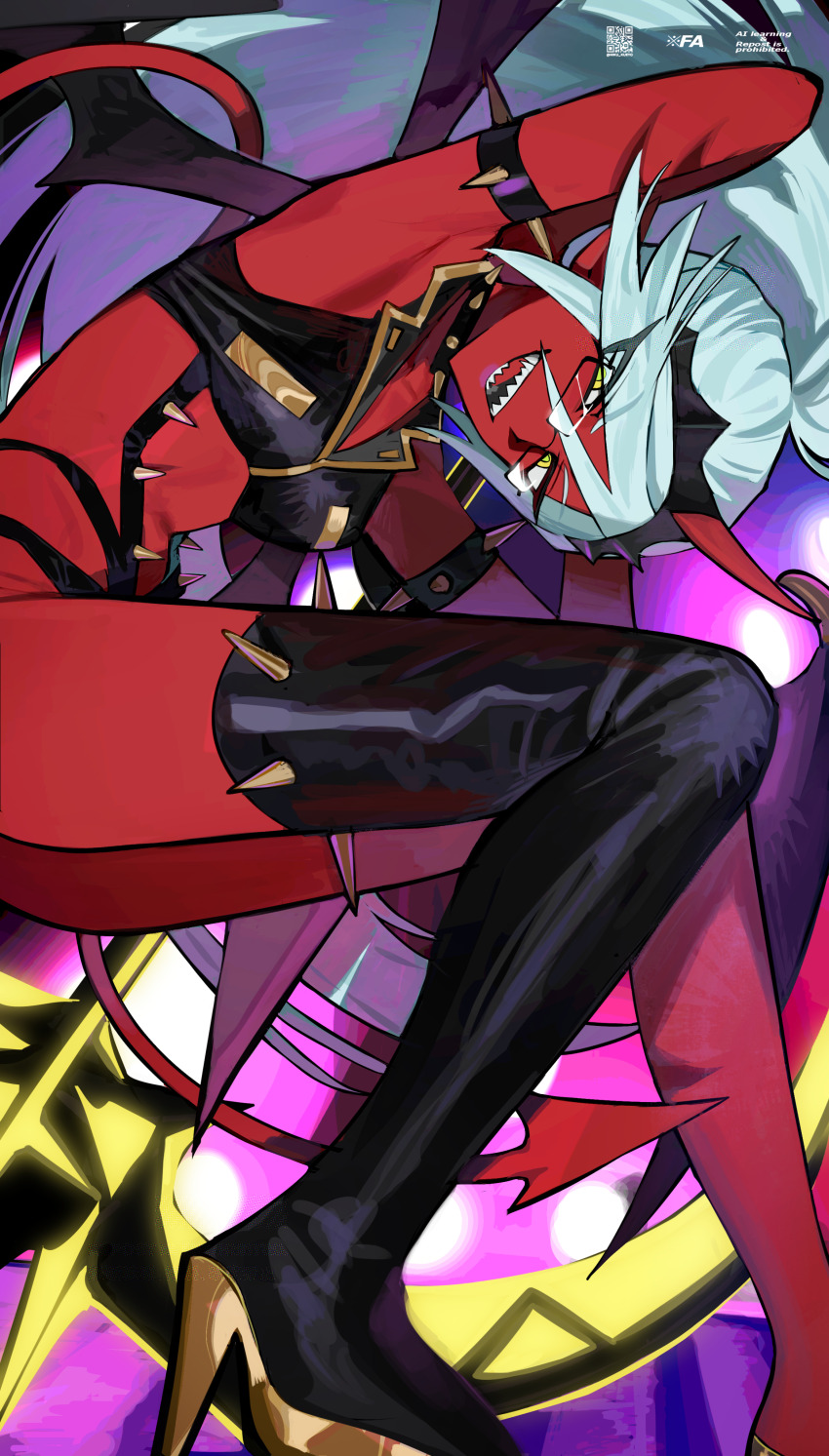 1girl, absurdres, bare_shoulders, black_thighhighs, black_wings, blue_hair, breasts, collar, colored_skin, commentary, demon_girl, demon_horns, demon_tail, demon_wings, english_commentary, fang, fingerless_gloves, glasses, gloves, green_eyes, highres, horns, jewelry, kneesocks_(psg), large_breasts, long_hair, looking_at_viewer, low_wings, niku_0000, panty_&amp;_stocking_with_garterbelt, pointy_ears, ponytail, red_skin, simple_background, single_horn, skrillex_li, smile, solo, spiked_collar, spiked_gloves, spiked_thighhighs, spikes, studded_armlet, tail, thighhighs, wings