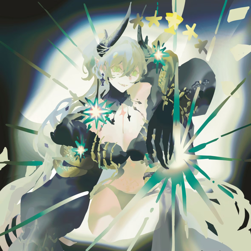 1girl, black_panties, breasts, commentary_request, crinolin, demon_girl, demon_horns, demon_wings