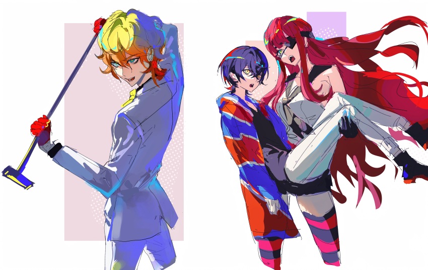 1boy, 2girls, absurdres, arm_up, binxngchng1, black_gloves, black_hair, black_neckerchief