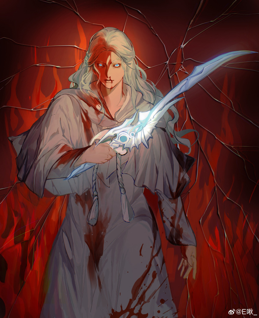 1girl, absurdres, blood, blood_in_hair, blood_on_clothes, blood_on_face, blood_on_hands, blue_eyes