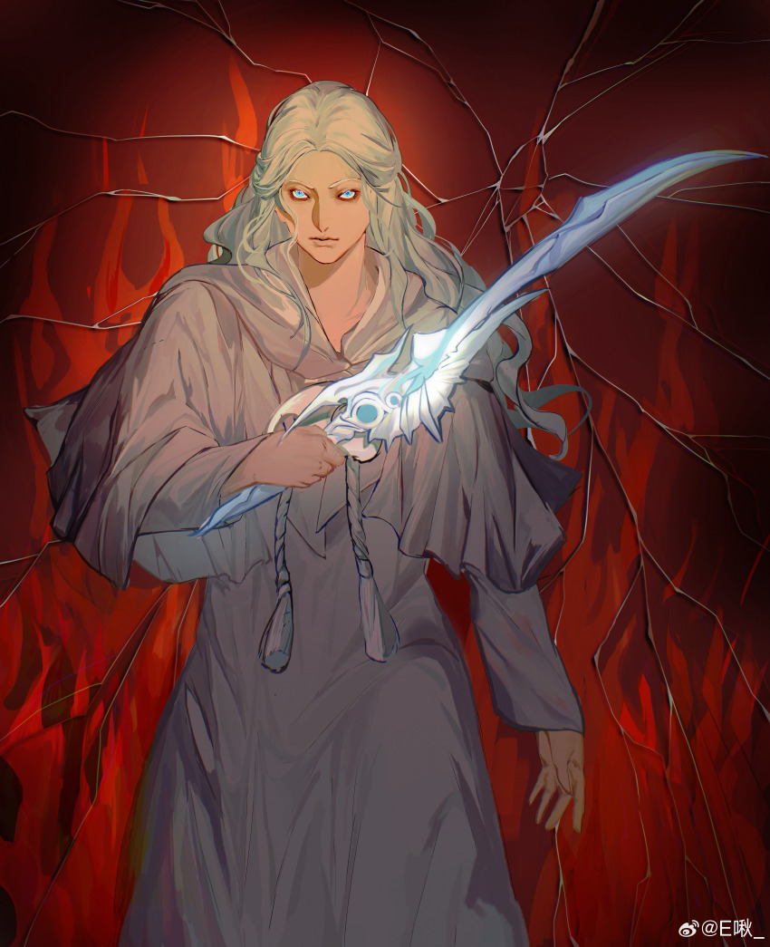 1girl, absurdres, blue_eyes, capelet, cowboy_shot, crack, cracked_background, drawstring, evilyuniejun, final_fantasy, final_fantasy_xiv, grey_capelet, grey_robe, half_updo, highres, holding, holding_sword, holding_weapon, hood, hood_down, hooded_capelet, long_hair, looking_at_viewer, red_background, robe, solo, sophist's_robe_(ff14), standing, sword, tassel, venat_(ff14), watermark, weapon, weibo_watermark, white_hair