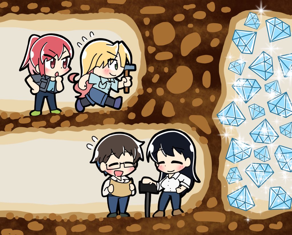 4girls, :o, ^_^, arato_nagi, black_hair, blonde_hair, blue_pants, blue_shirt