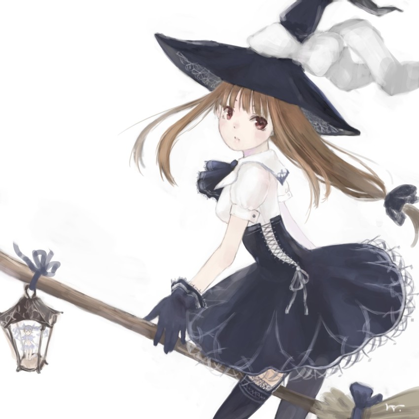 1girl, ascot, black_thighhighs, blunt_bangs, bow, breasts, broom, broom_riding