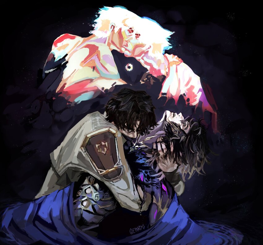 2boys, arcane:_league_of_legends, arcane_jayce, arcane_savior_viktor, arcane_survivor_jayce, arm_around_another's_back, arm_around_neck, artist_name