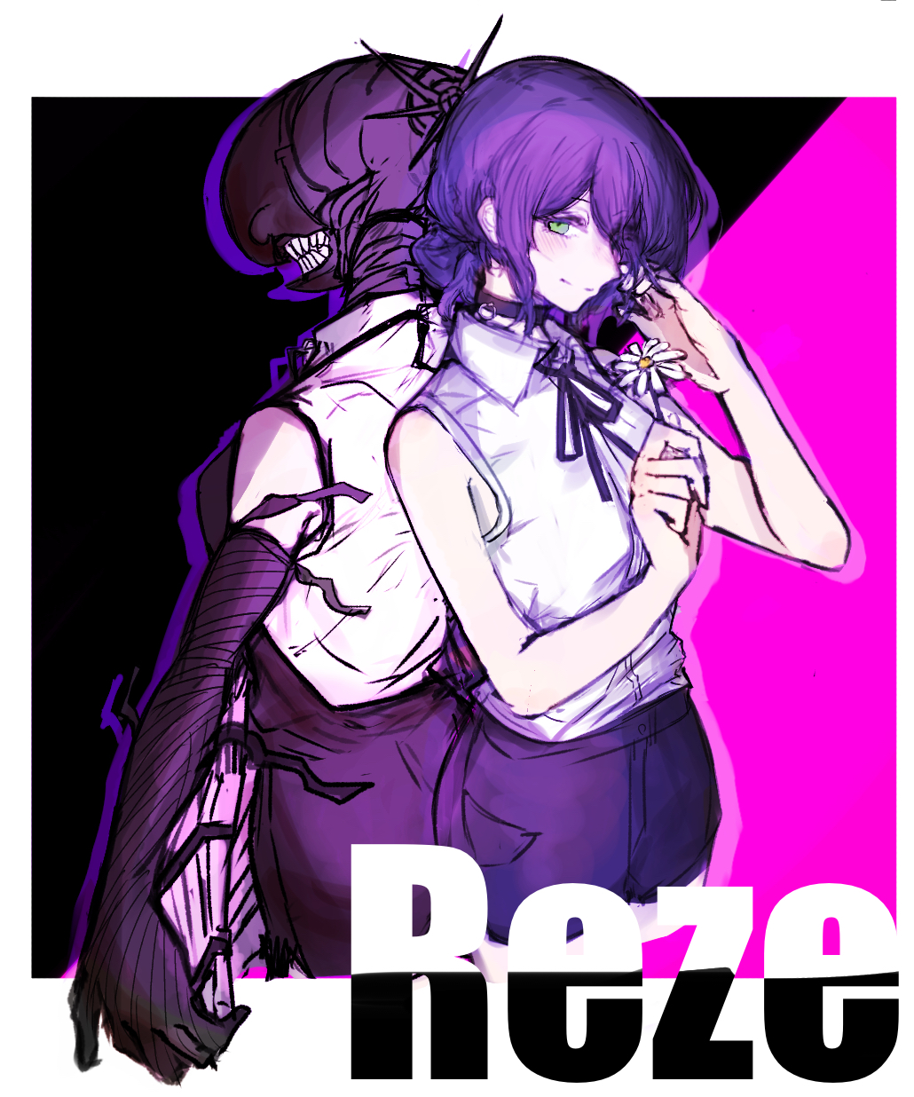 2girls, back-to-back, black_ribbon, bomb_devil_(chainsaw_man), chainsaw_man, character_name, choker, closed_mouth, collared_shirt, commentary_request, elbow_gloves, flower, gloves, highres, holding, holding_flower, hosakana, multiple_girls, neck_ribbon, object_head, purple_choker, purple_gloves, purple_hair, purple_shorts, reze_(chainsaw_man), ribbon, shirt, shirt_tucked_in, shorts, sleeveless, sleeveless_shirt, white_flower, white_shirt