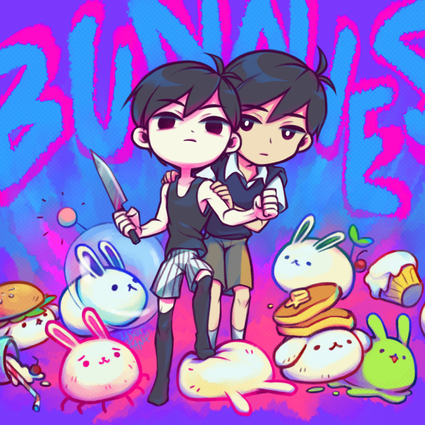 2boys, antenna_hair, black_eyes, black_hair, black_socks, black_sweater_vest, black_tank_top, bright_pupils