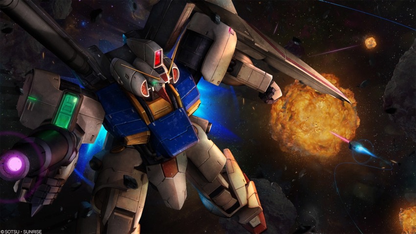 absurdres, asteroid, battle, beam_rifle, debris, energy_gun, explosion, glowing, gundam, gundam_battle_operation_2, gundam_mk_iv, gundam_msv, highres, machinery, mecha, mecha_focus, mobile_suit, nebula, no_humans, official_art, painting_(medium), realistic, robot, scan, science_fiction, sd_gundam_g_generation, space, star_(sky), sunrise_(company), tenjin_hidetaka, thrusters, traditional_media, v-fin, weapon