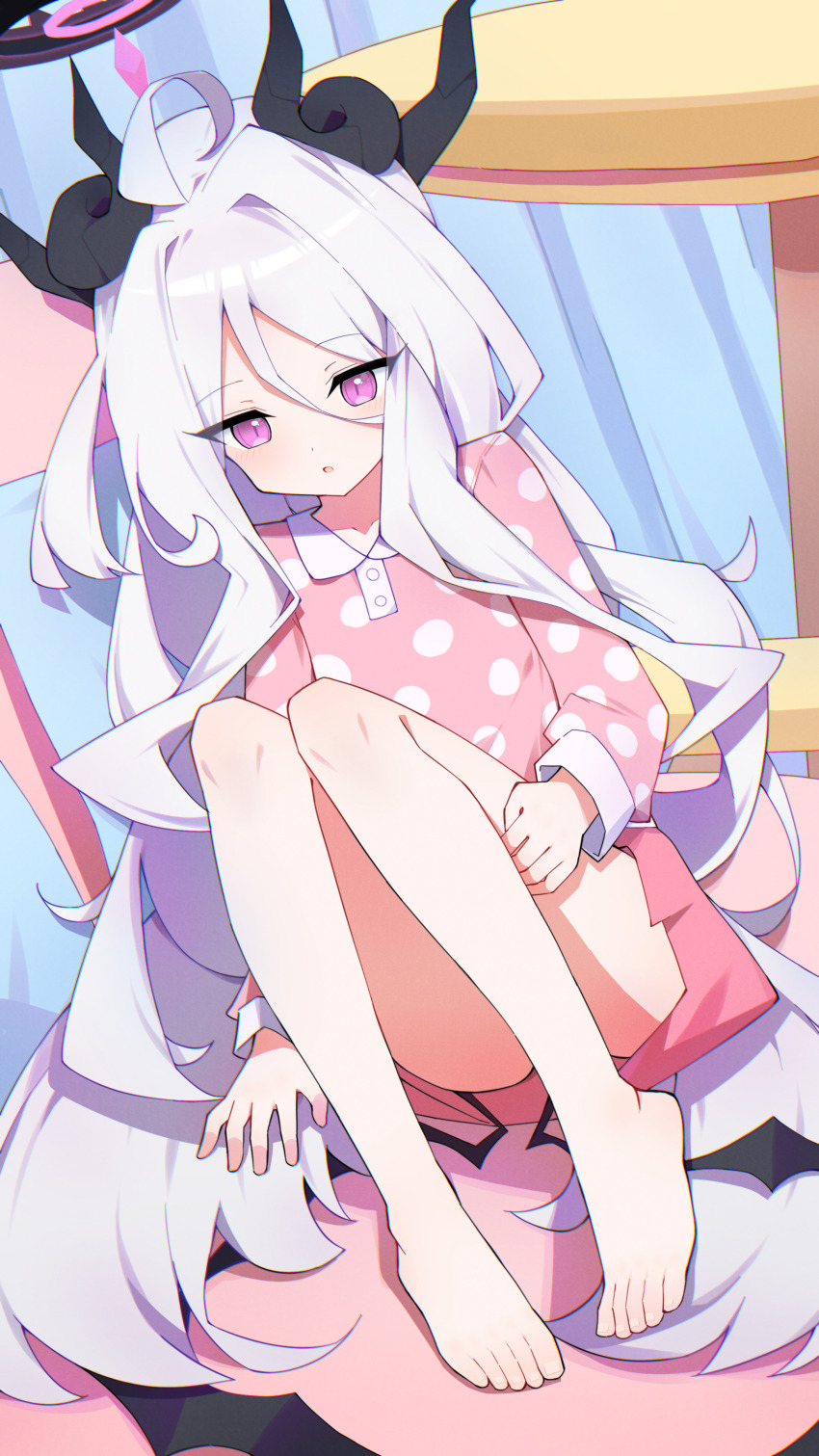 1girl, absurdres, ahoge, anleewind, barefoot, black_halo, blue_archive, blush