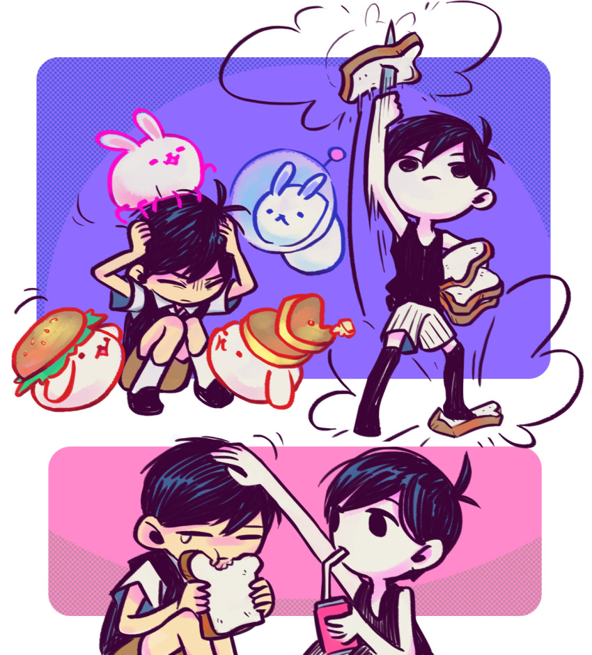 2boys, antenna_hair, arm_up, black_eyes, black_hair, black_shoes, black_socks, black_sweater_vest