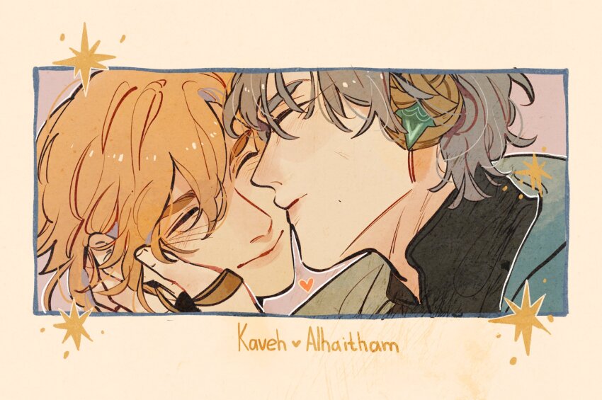 2boys, alhaitham_(genshin_impact), black_shirt, blonde_hair, blush, character_name, closed_eyes, closed_mouth, collared_shirt, commentary, double-parted_bangs, fingernails, genshin_impact, grey_hair, hair_between_eyes, hand_on_another's_face, heart, highres, kaveh_(genshin_impact), kiss, kissing_cheek, lips, male_focus, multiple_boys, raccun7, shirt, short_hair, smile, yaoi