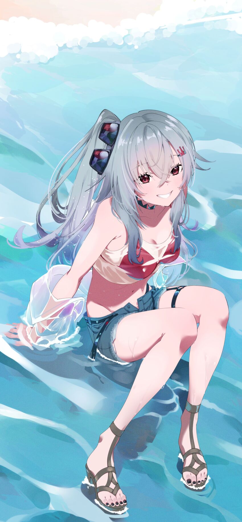 1girl, absurdres, beach, bikini, bikini_top_only, bikini_under_clothes, black_nails, blue_shorts