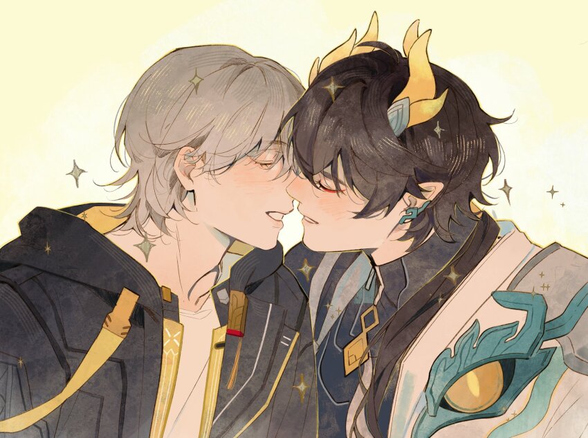 2boys, asymmetrical_clothes, black_hair, black_jacket, black_shirt, caelus_(honkai:_star_rail), closed_eyes, commentary, crew_neck, dan_heng_(honkai:_star_rail), dan_heng_(permansor_terrae)_(honkai:_star_rail), dragon_boy, dragon_horns, ear_covers, eyelashes, eyeliner, grey_hair, hair_behind_ear, highres, honkai:_star_rail, honkai_(series), hood, hood_down, hooded_jacket, horns, imminent_kiss, jacket, makeup, male_focus, multiple_boys, official_alternate_costume, parted_bangs, parted_lips, pointy_ears, raccun7, red_eyeliner, shirt, simple_background, smile, teeth, trailblazer_(honkai:_star_rail), upper_body, white_shirt, yaoi, yellow_horns, zipper_pull_tab