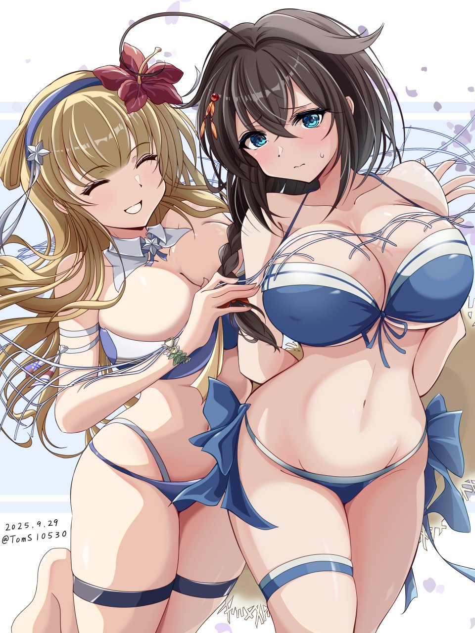 bikini, blonde_hair, blue_bikini, blue_eyes, braid, breasts, brown_hair, cargo_net