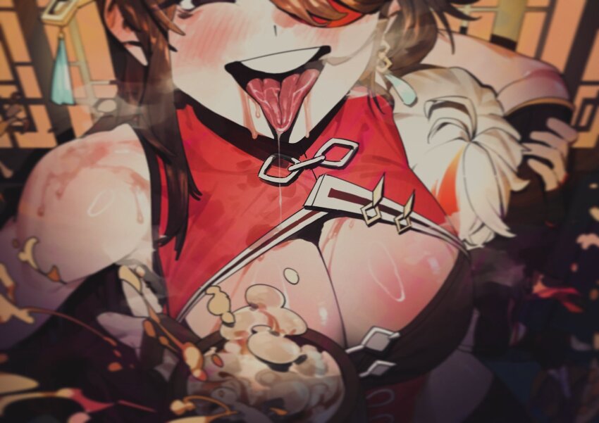 1boy, 1girl, ahoge, alcohol, arm_around_neck, beer, beer_mug, beidou_(genshin_impact)