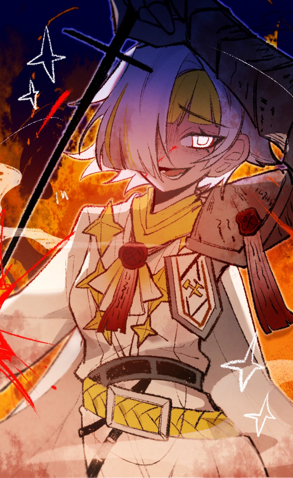 1girl, ascot, belt, blonde_hair, blood, blood_in_hair, blue_background, fire