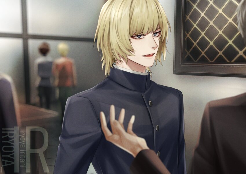 artist_name, badeni, black_jacket, blonde_hair, blunt_bangs, blurry, blurry_background, blurry_foreground, chi.:_chikyuu_no_undou_ni_tsuite, grey_eyes, highres, iorbtyn, jacket, looking_at_another, male_focus, medium_hair, multiple_boys, parted_lips, shirt, solo_focus, talking, upper_body, white_shirt, window