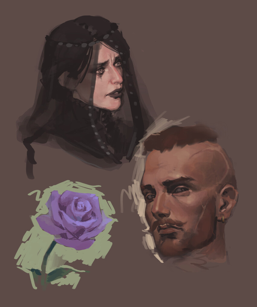 1boy, 1girl, absurdres, beard, black_hair, black_lips, black_veil, brown_background