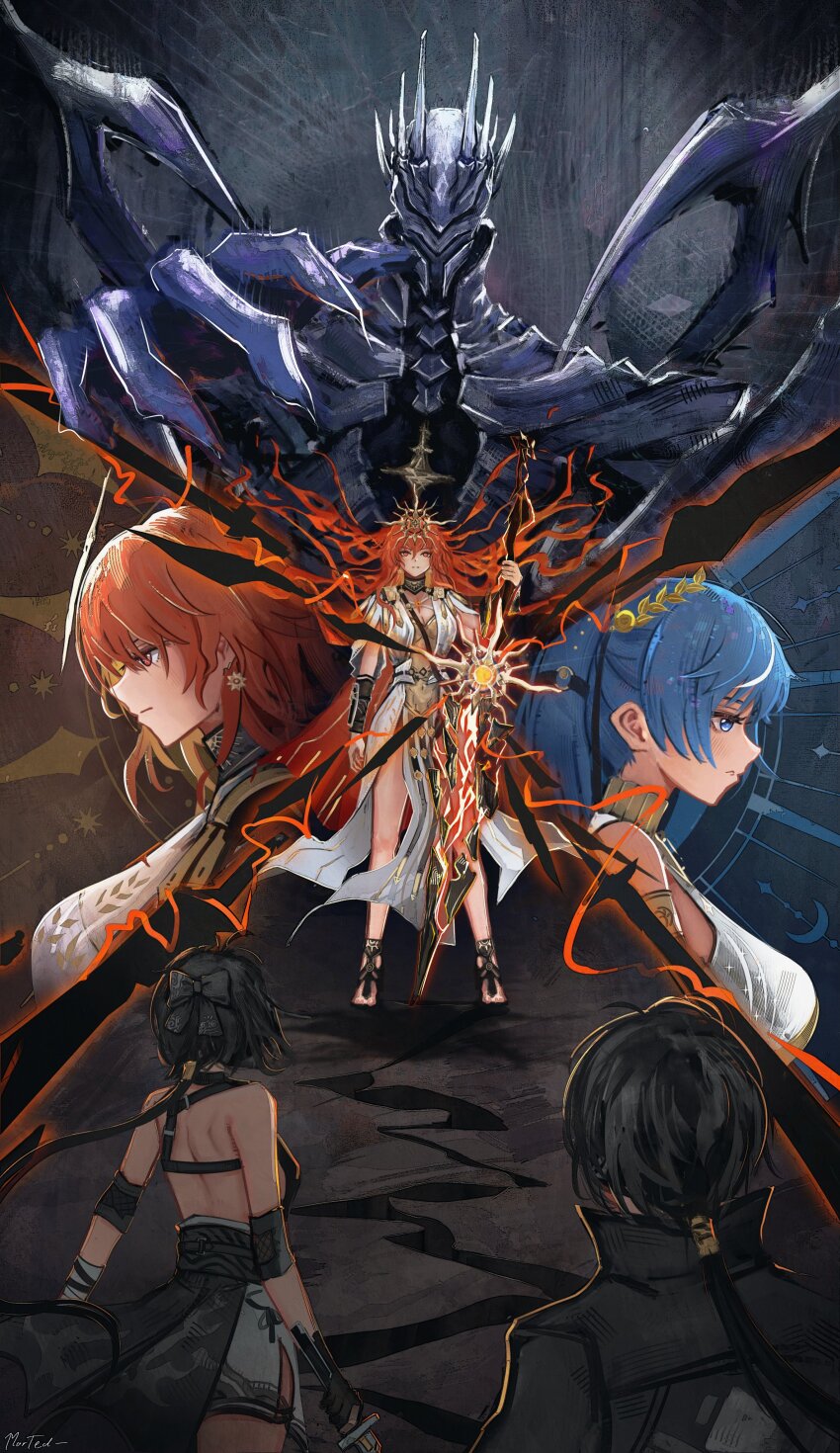 1boy, 1other, 3girls, absurdres, ancient_greek_clothes, armor, augusta_(wuthering_waves), back