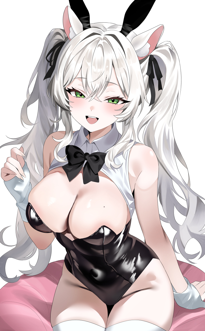 1girl, absurdres, animal_ears, black_bow, black_leotard, black_ribbon, blue_eyes, bow