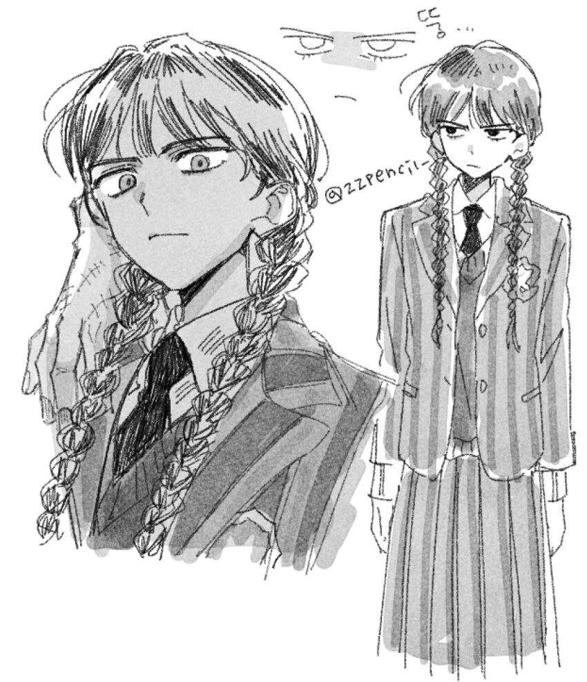 1girl, 1other, the_addams_family, black_hair, black_necktie, braid, collared_shirt, cowboy_shot