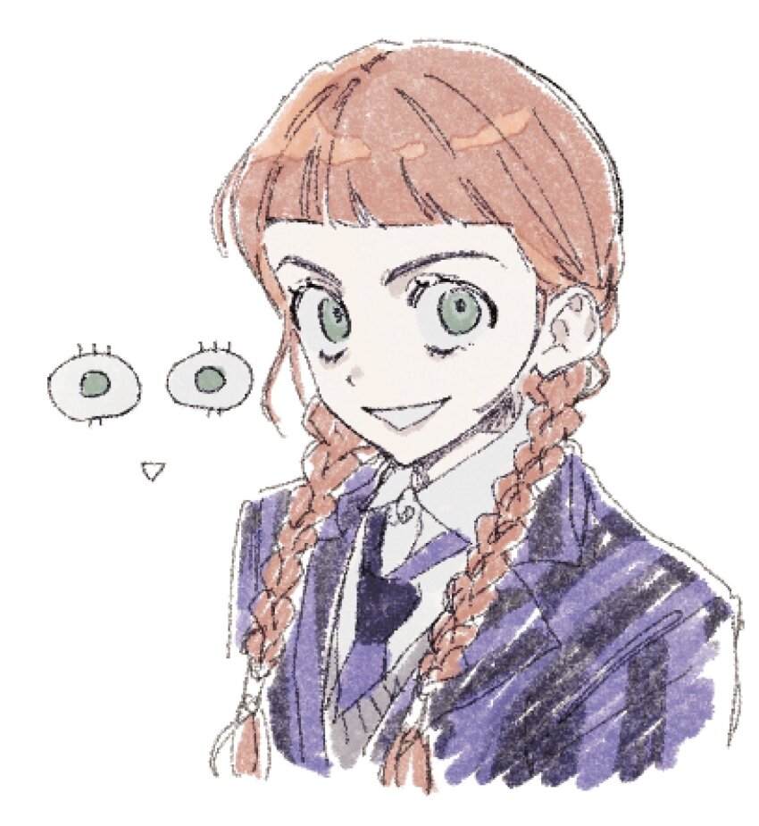 the_addams_family, agnes_demille, blue_jacket, blue_necktie, blunt_bangs, braid, collared_shirt, grey_sweater_vest, hair_over_shoulder, highres, jacket, long_hair, looking_at_viewer, necktie, orange_hair, parted_lips, school_uniform, shirt, short_bangs, smile, striped_clothes, striped_jacket, sweater_vest, teeth, twin_braids, upper_body, wednesday_(netflix), white_background, white_shirt, zzpencil