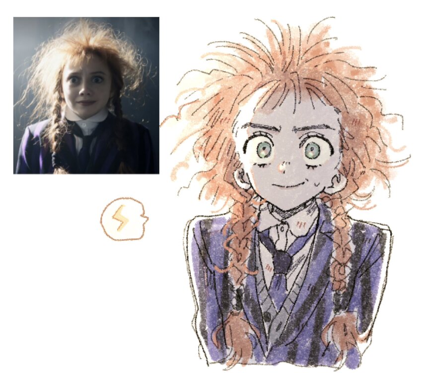 1girl, the_addams_family, agnes_demille, blue_jacket, blue_necktie, braid, collared_shirt, furrowed_brow, green_eyes, hair_over_shoulder, highres, jacket, long_hair, messy_hair, necktie, nervous_smile, orange_hair, reference_inset, school_uniform, shirt, smile, solo, spoken_lightning_bolt, striped_clothes, striped_jacket, sweat, twin_braids, upper_body, wednesday_(netflix), white_background, white_shirt, wide-eyed, zzpencil