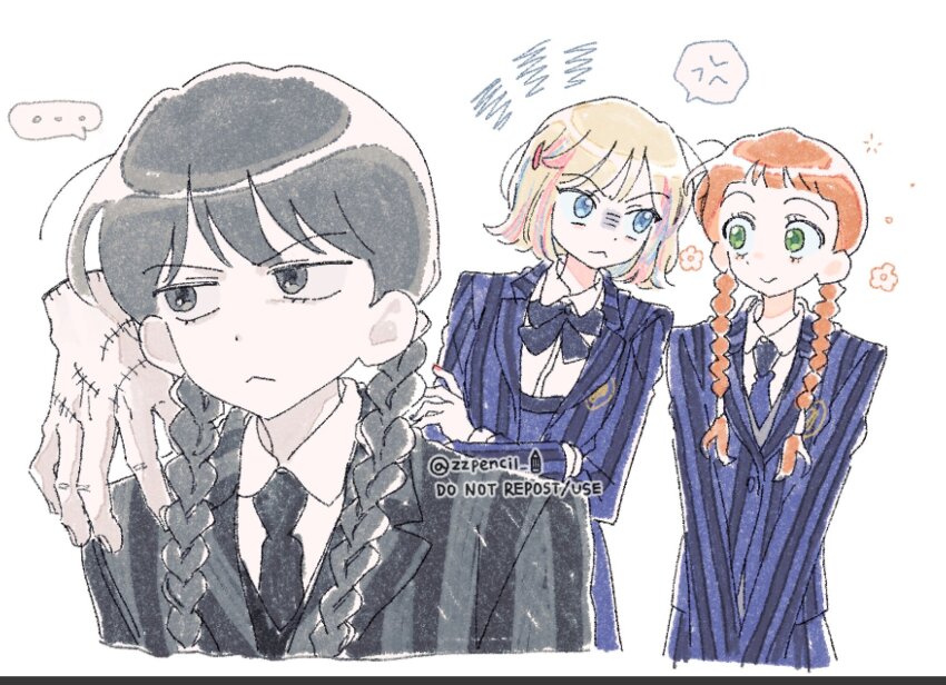 ..., 3girls, the_addams_family, agnes_demille, anger_vein, black_bow, black_bowtie, black_hair