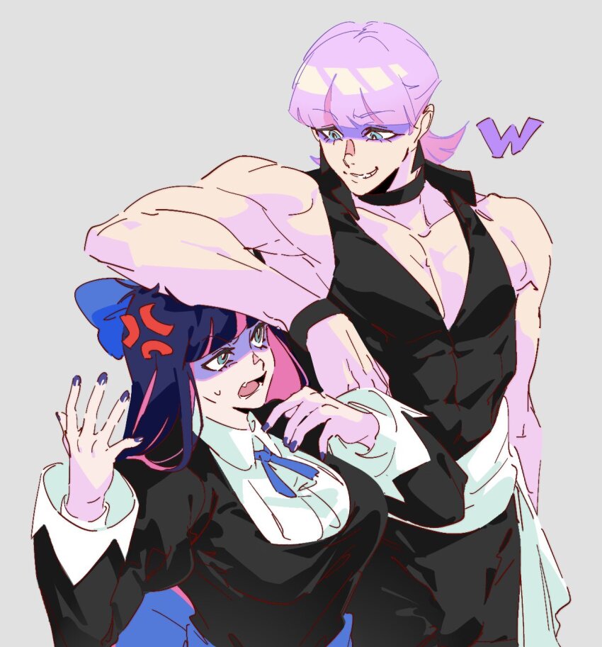 1boy, 1girl, bb_zatta, black_dress, blue_eyes, bow, breasts, cousins, dress, evil_grin, evil_smile, grin, hair_bow, highres, large_breasts, long_hair, looking_at_another, muscular, muscular_male, panty_&amp;_stocking_with_garterbelt, pink_hair, polyurethane_(psg), smile, stocking_(psg), toned, toned_male