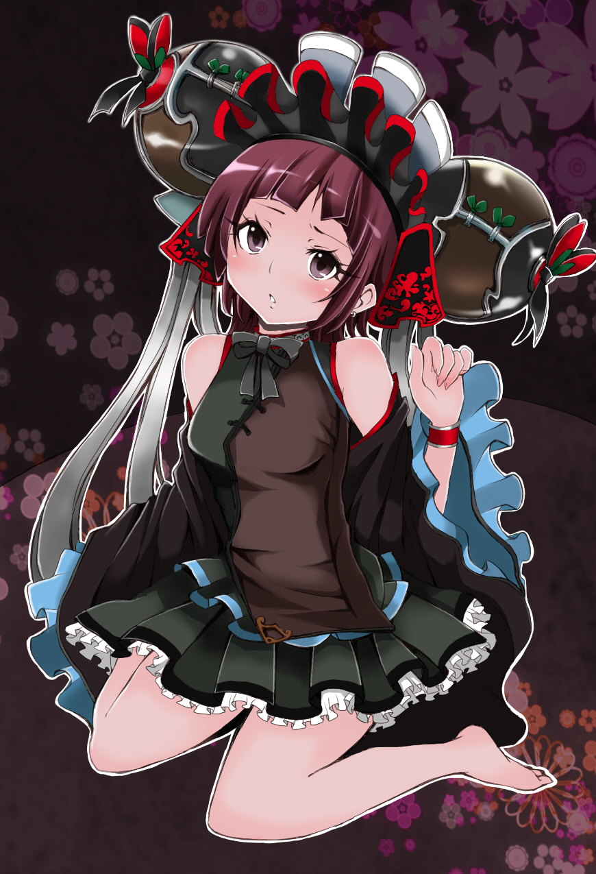 1girl, amami_reiko, barefoot, bow, detached_sleeves, female_focus, hair_ornament, highres