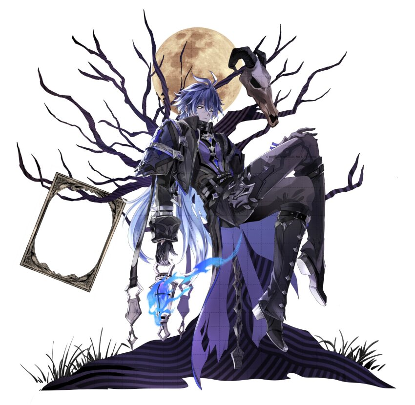 1boy, ahoge, animal_skull, antenna_hair, bags_under_eyes, bare_tree, black_coat, black_gloves