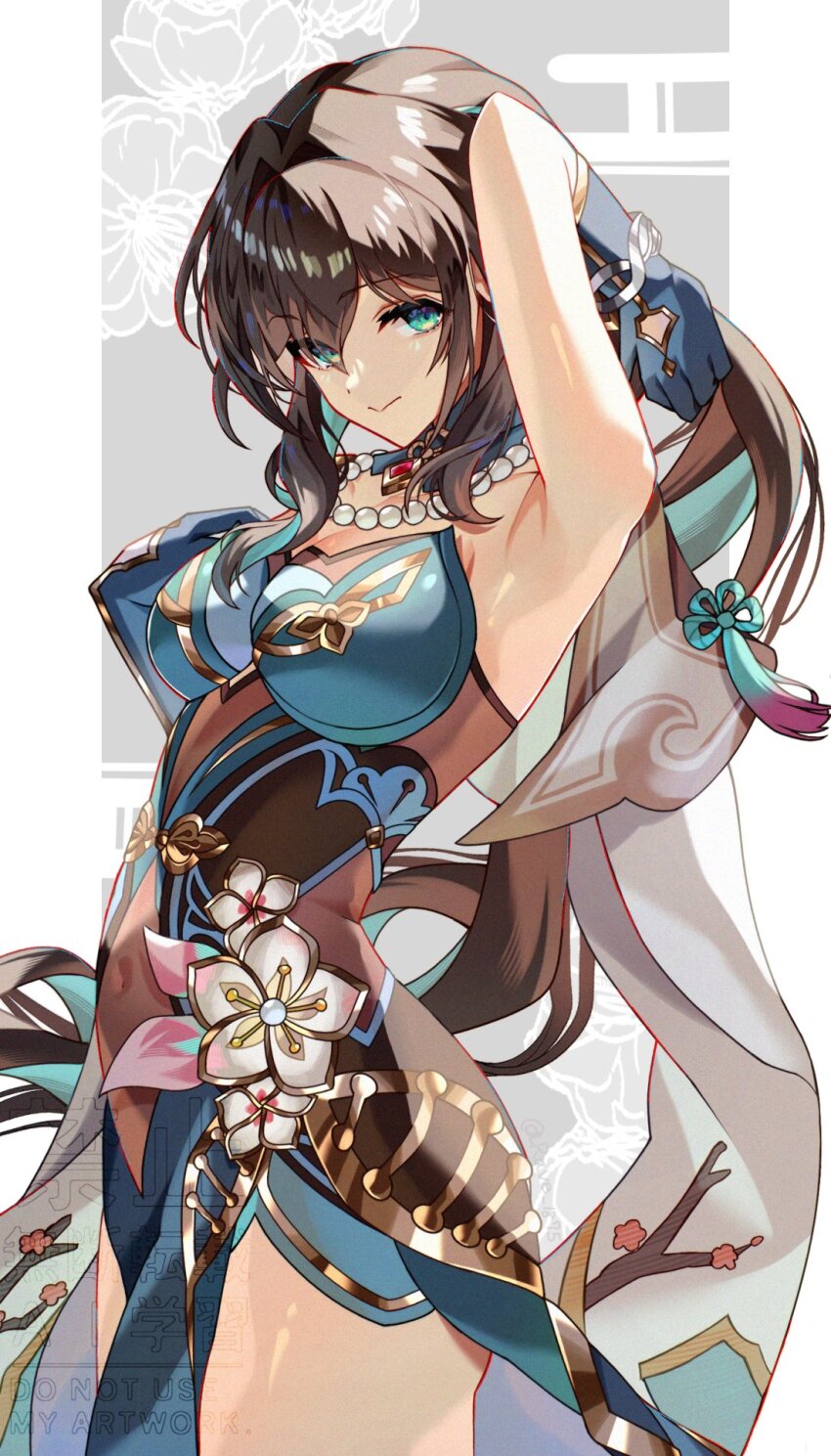 1girl, :>, aqua_collar, aqua_dress, aqua_eyes, aqua_gloves, arm_up, armpits