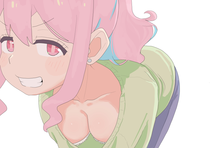 1girl, blue_hair, blush, bra, breasts, cleavage, dainaru, downblouse, earrings, grin, hanging_breasts, highres, hozuki_kaede, jewelry, large_breasts, leaning_forward, looking_at_viewer, multicolored_hair, onii-chan_wa_oshimai!, parted_lips, pink_hair, ponytail, red_eyes, short_hair, simple_background, smile, solo, stud_earrings, teeth, underwear, white_background