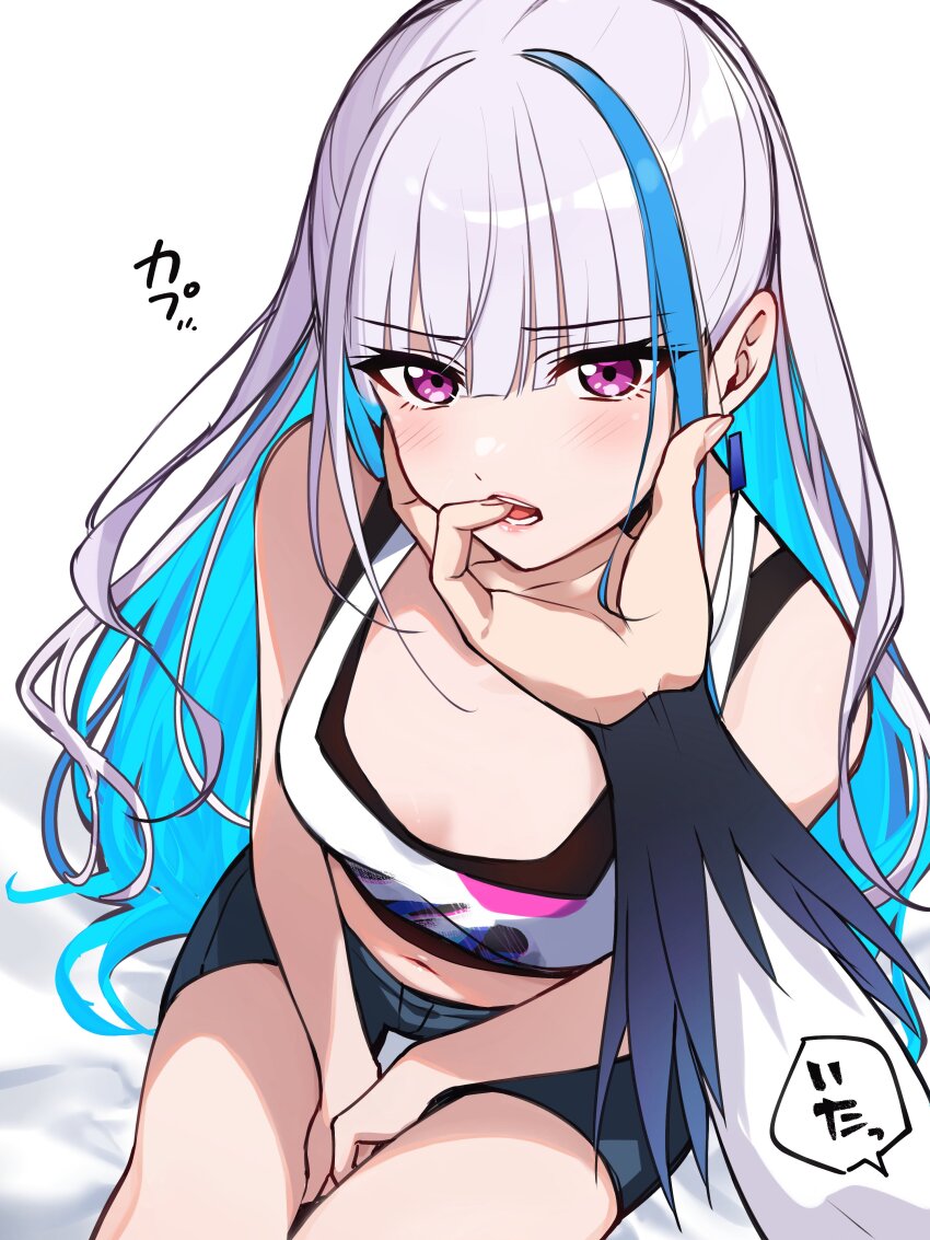 2girls, absurdres, bare_shoulders, blue_hair, blunt_bangs, breasts, colored_inner_hair, finger_in_another's_mouth