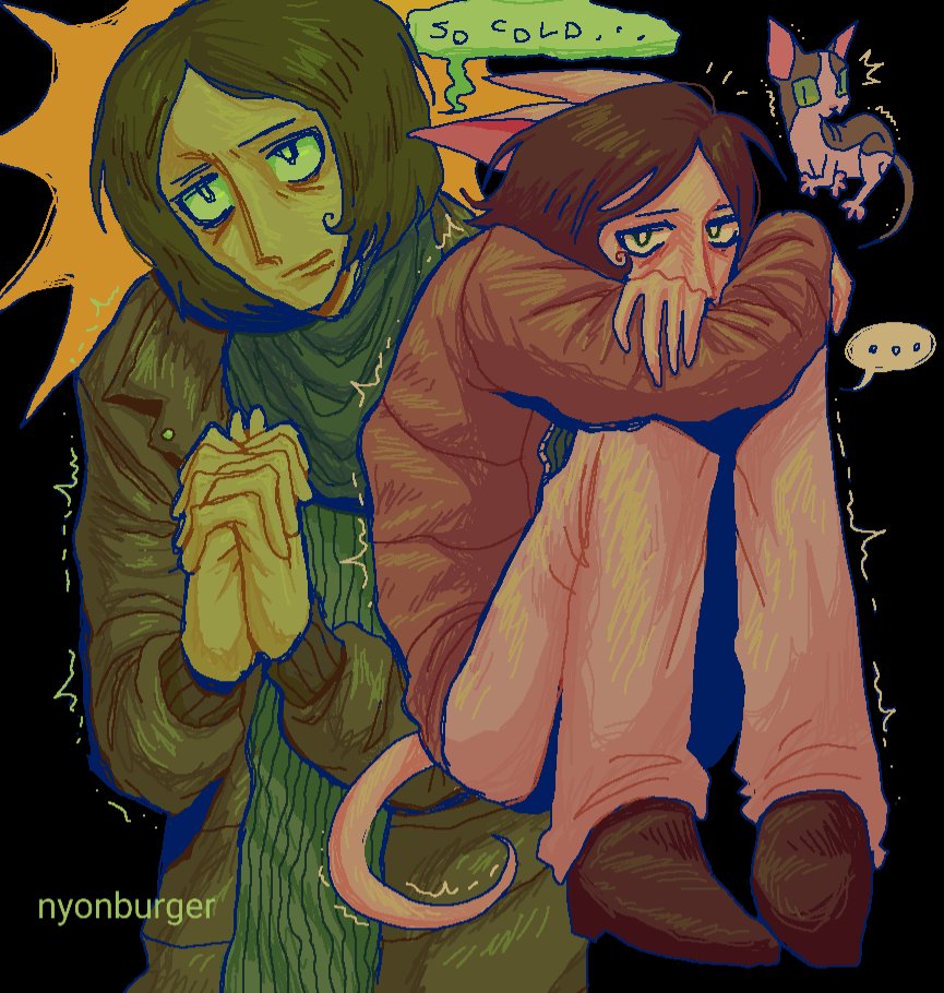 ..., 1boy, ^^^, animal_ears, arms_on_knees, bags_under_eyes, black_background, blank_stare, bright_pupils, brown_hair, brown_jacket, brown_shoes, cat, cat_ears, cat_tail, coat, coat_guy_(no_i'm_not_a_human), cold, commentary, ears_down, english_commentary, english_text, full_body, furrowed_brow, green_scarf, green_shirt, hatching_(texture), hunched_over, interlocked_fingers, jacket, jaggy_lines, jitome, kemonomimi_mode, knees_up, linear_hatching, long_sleeves, looking_at_viewer, looking_up, multiple_views, no_i'm_not_a_human, notice_lines, nyonburger, open_clothes, open_jacket, own_hands_clasped, own_hands_together, pants, parted_bangs, parted_lips, pink_pants, ribbed_shirt, scarf, shirt, shoes, short_hair, simple_background, sitting, speech_bubble, sphynx_cat, spoken_ellipsis, tail, trembling, twitter_username, upper_body, white_pupils, winter_clothes, winter_coat