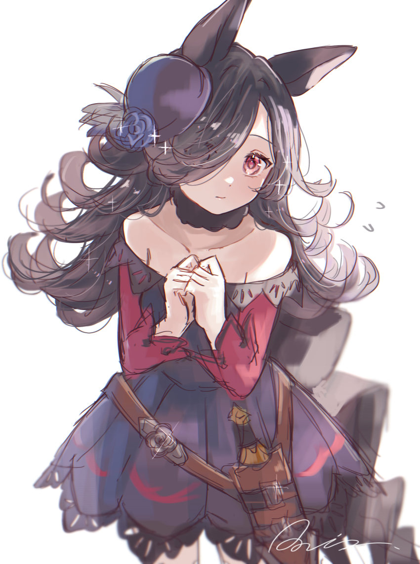 1girl, animal_ears, bare_shoulders, black_hair, blue_flower, blue_rose, commentary_request, cowboy_shot