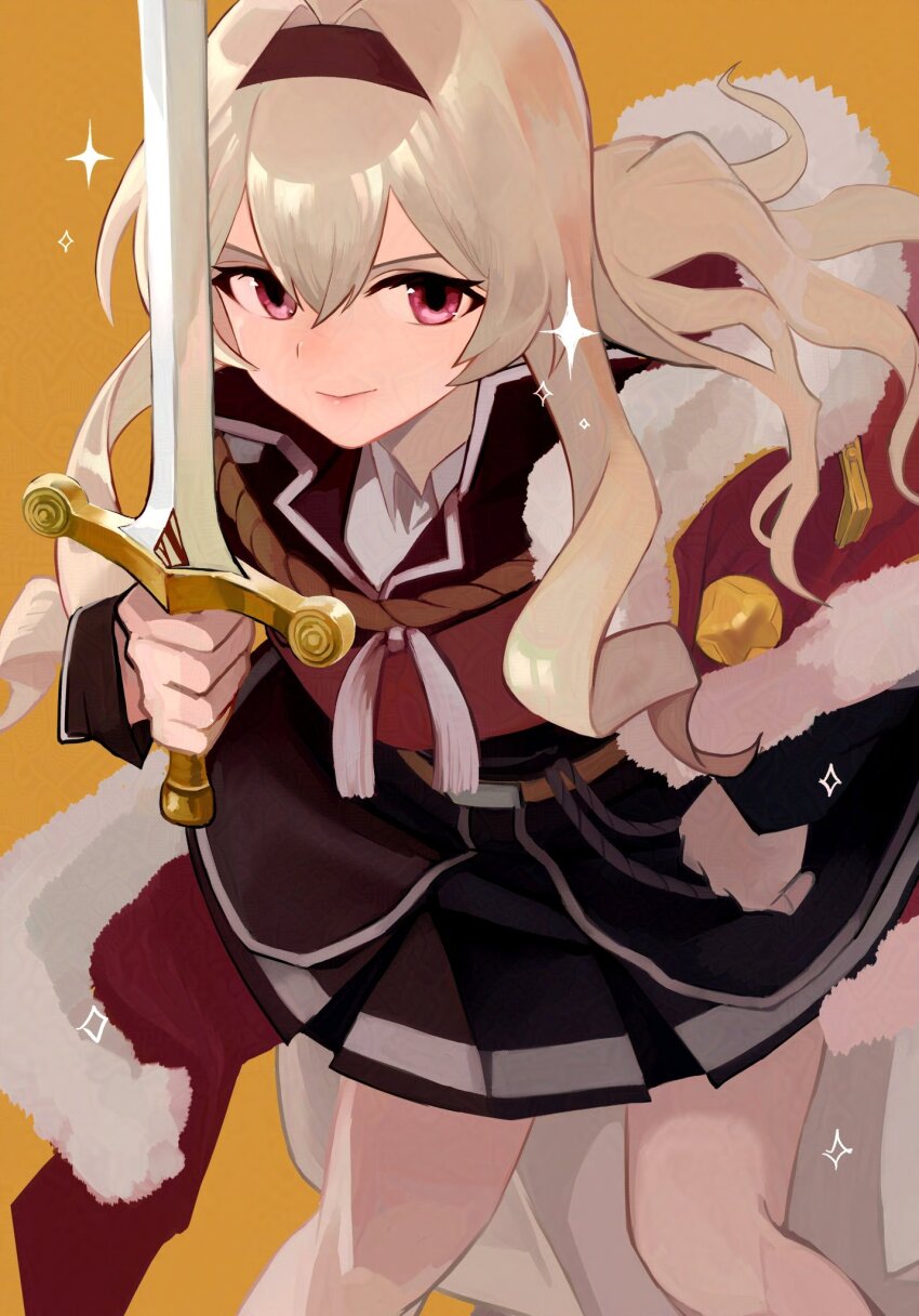 1girl, black_hairband, black_jacket, black_skirt, blonde_hair, closed_mouth, commentary_request, feet_out_of_frame