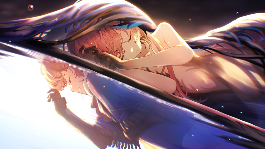 1girl, bare_shoulders, black_dress, black_gloves, black_hands, black_veil, blue_coat, blue_veil, chimera, closed_eyes, coat, colored_extremities, commentary, different_reflection, dress, dual_persona, english_commentary, gloves, grin, hair_between_eyes, long_hair, lying, manaringo23, monster_girl, nautika_(reverse:1999), on_back, on_side, parted_lips, pink_hair, plunging_neckline, reflection, reverse:1999, sidelocks, smile, strapless, strapless_dress, teeth, two-tone_veil, upper_body, veil, very_long_hair