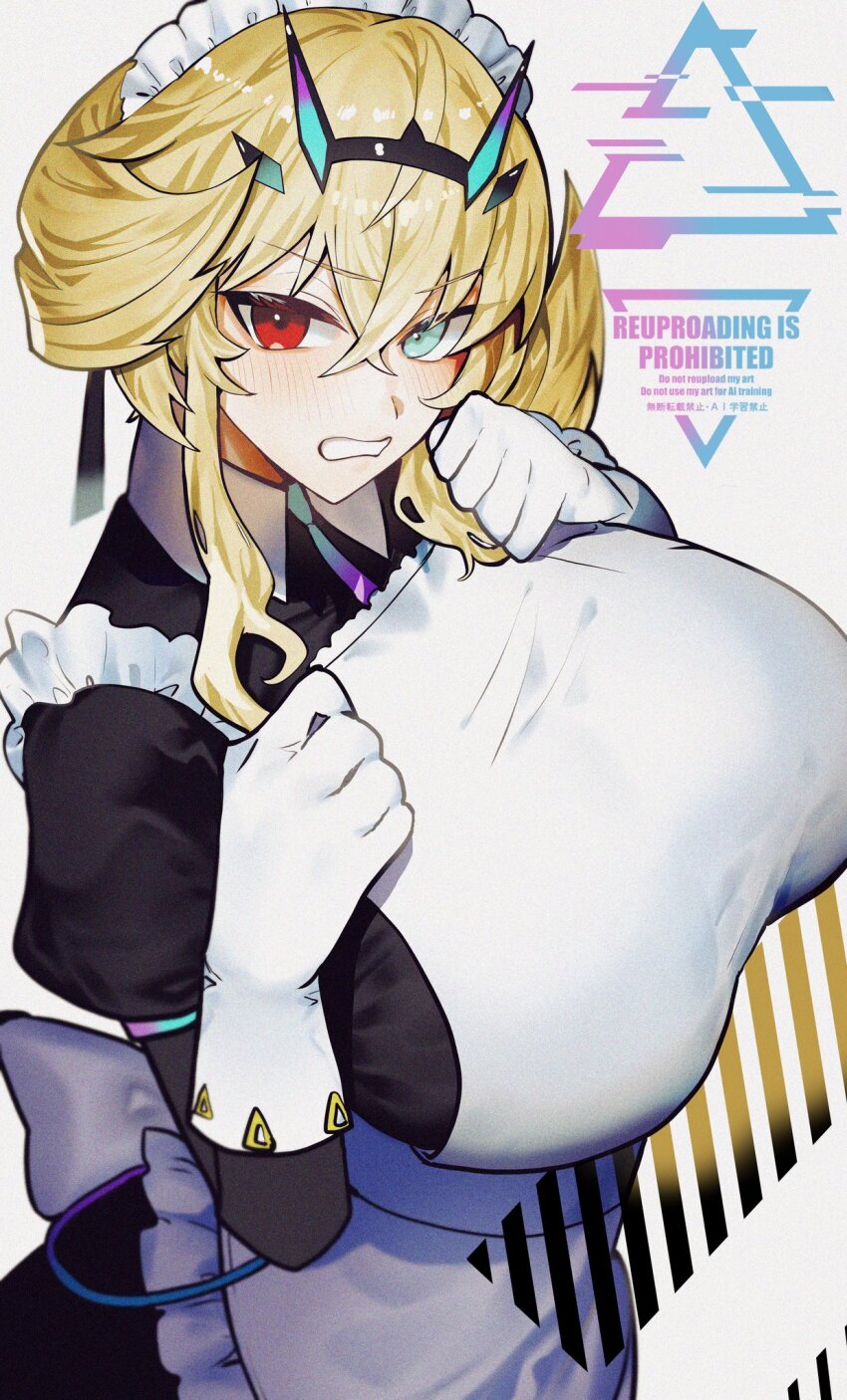 1girl, apron, barghest_(fate), barghest_(swimsuit_archer)_(second_ascension)_(fate), black_dress, blonde_hair, blush, breasts