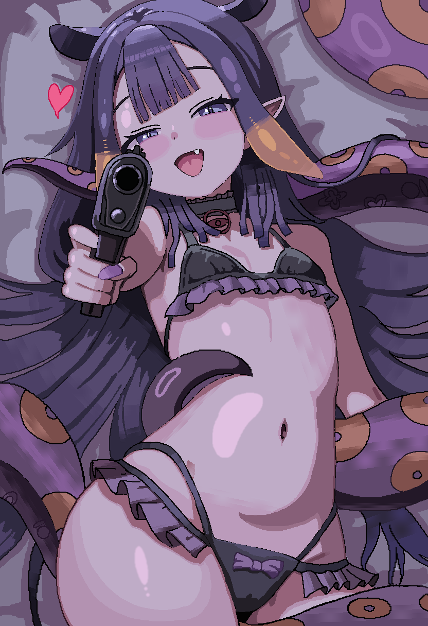 1girl, :d, alternate_costume, bed_sheet, black_choker, bow, choker, cl_oor