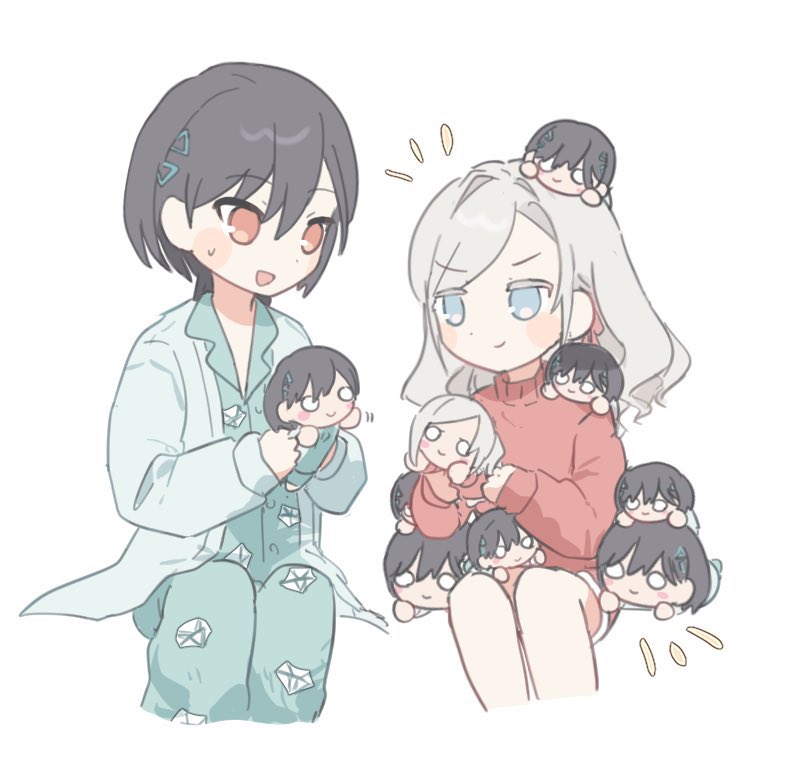 >:), 2girls, :d, aqua_pajamas, aqua_pants, aqua_shirt, blue_eyes, cardigan